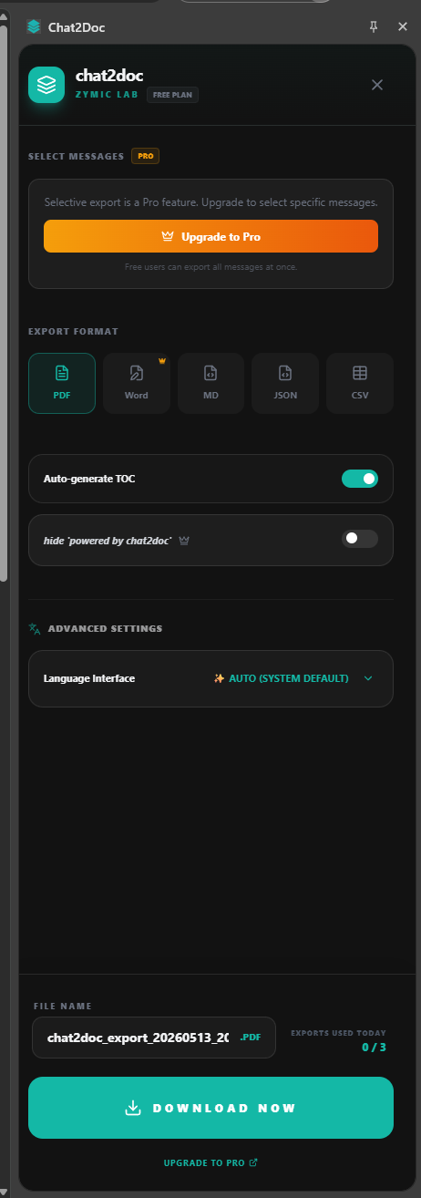 Chat2Doc sidebar — fewer formats, selective export gated behind Pro, Upgrade banner up top