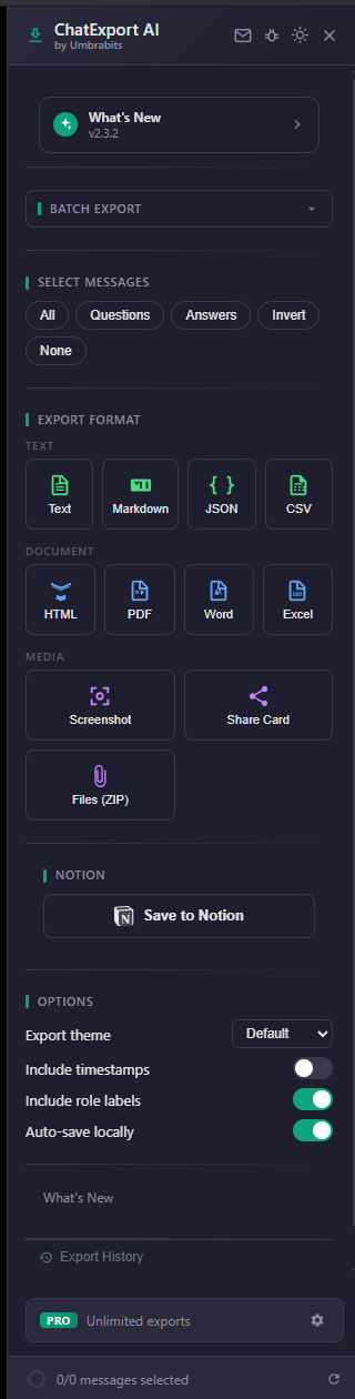 ChatExport AI sidebar — every format, every option, no login wall